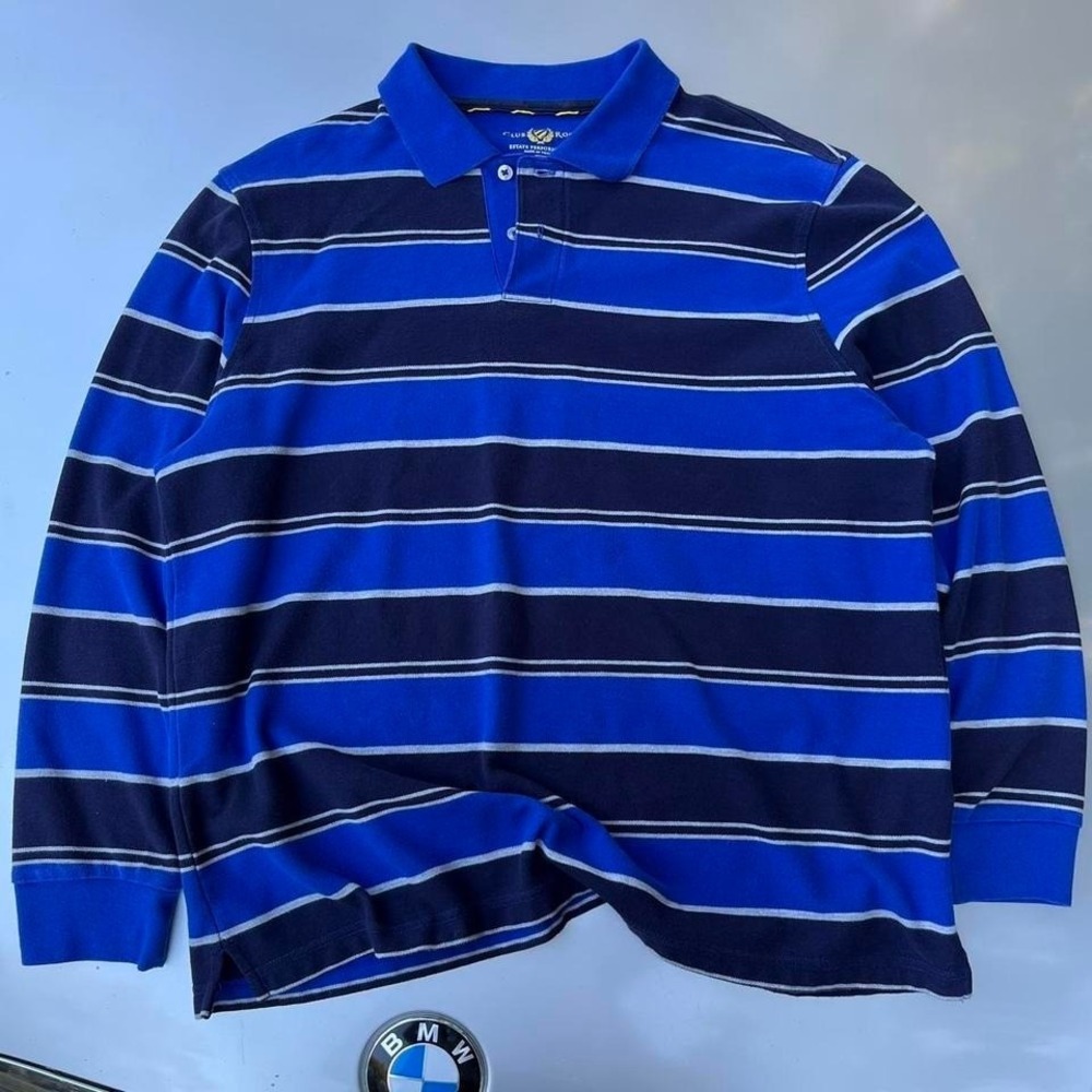 Blue and white striped long sleeve Rugby polo shirt